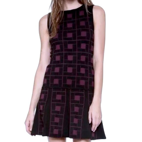 Alice + Olivia Black Purple Checkered Dropwaist Pleated Knit Mini Dress Size L - Picture 1 of 10